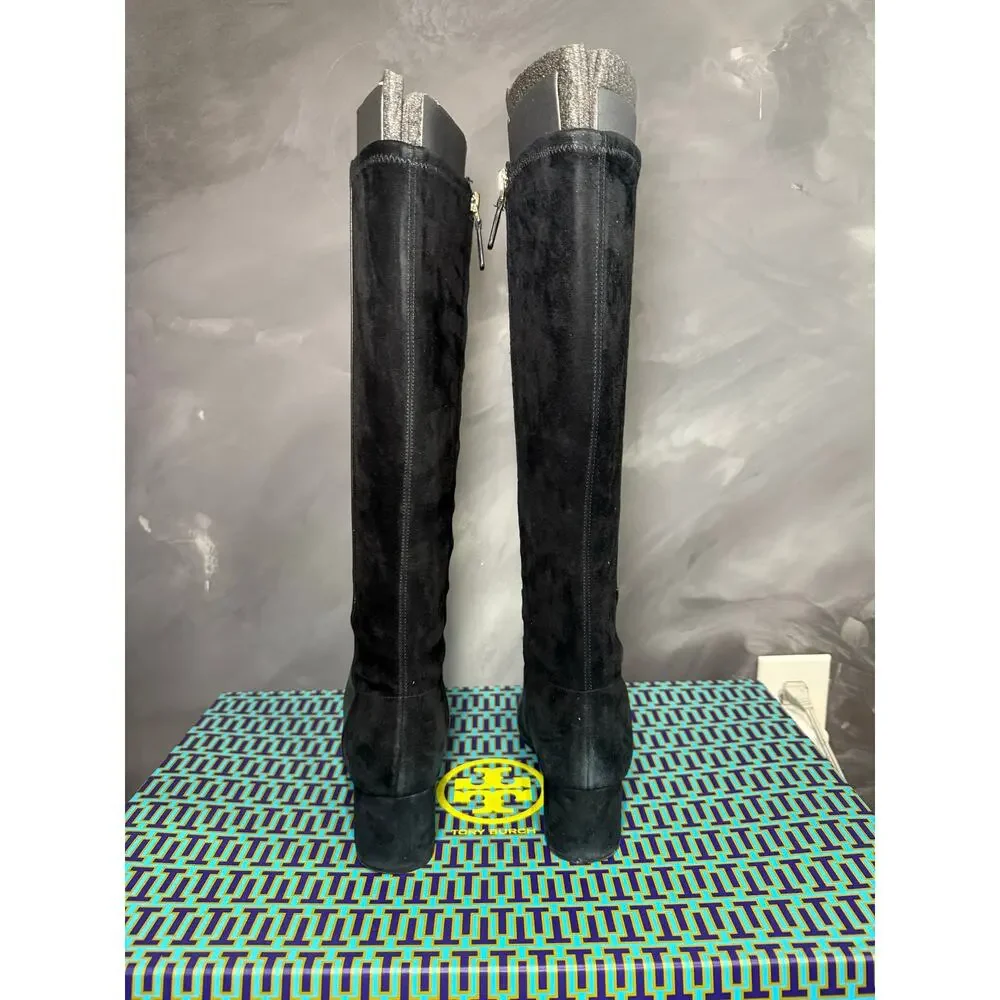 Tory Burch GIGI 55mm Tall Boots Calf Leather Stretch Suede Black Gold Size 8